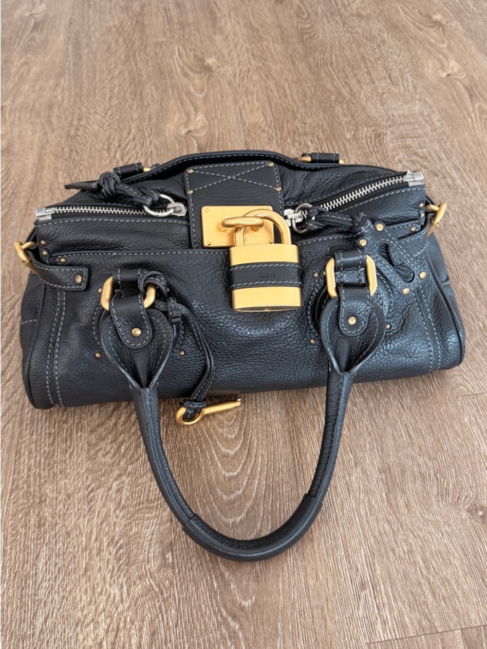 Chloe Black Leather Shoulder Bag with Gold Hardware Lock